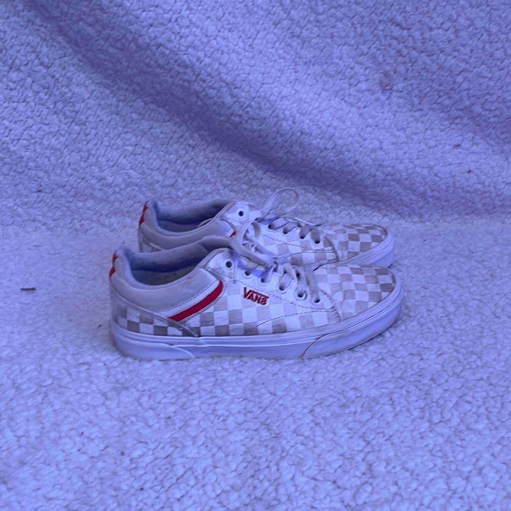 White checked Vans with red accents size 8 in women’s